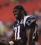 Randy Moss before a pre-season game with the New England Patriots in 2009