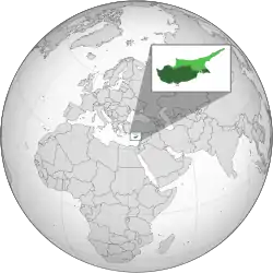 Location of the Republic of Cyprus in dark green, Northern Cyprus in light green