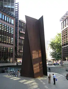 Richard Serra (born 1939), Fulcrum 1987, 55 ft high free standing sculpture of Cor-ten steel near Liverpool Street station, London