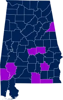 Map of Alabama divided by county with Autauga, Clarke, Cleburne, Covington, Elmore, Geneva, Pike, and Washington Counties highlighted.