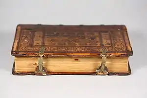 Image 39Sammelband of three alchemical treatises, bound in Strasbourg by Samuel Emmel c. 1568, showing metal clasps and leather covering of boards (from Bookbinding)