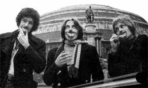 Brian May (left), Tim Staffell (centre)and Roger Taylor, outside the Royal Albert Hall, London, c. 27 February 1969