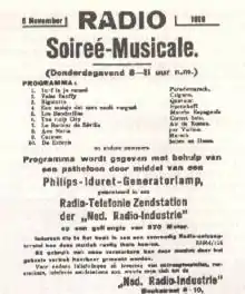 Image 15Advertisement placed on November 5, 1919, Nieuwe Rotterdamsche Courant announcing PCGG's debut broadcast scheduled for the next evening (from Radio broadcasting)