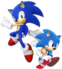 Two anthropomorphic, cartoon blue hedgehogs wearing red shoes. The one on the left is taller and slimmer, while the one on the right is shorter and portly.