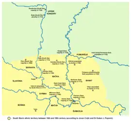 Ethnic territory of the Serbs and South Slavs in the Pannonian Plain between 16th and 18th century (according to Jovan Cvijić and Dr Dušan J. Popović)