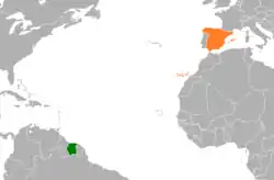 Map indicating locations of Spain and Surinam