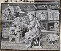 Image 54An author portrait of Jean Miélot writing his compilation of the Miracles of Our Lady, one of his many popular works. (from History of books)