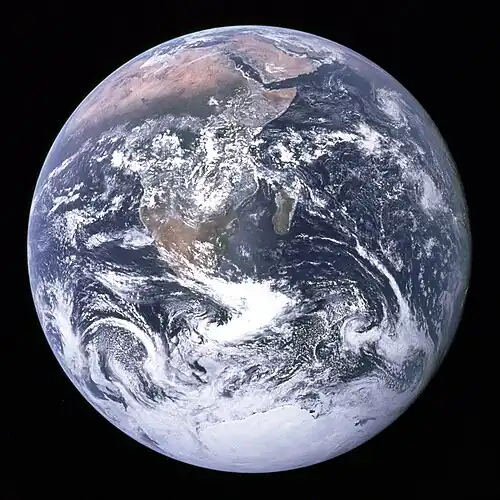 The Blue Marble, Earth as seen from Apollo 17 with the southern polar ice cap visible (courtesy NASA)