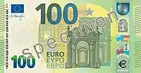 Flag of the EU in the top left corner of a 100 euro banknote (second series)