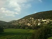 Photograph of the village situated on the slope of a hill with a grassy field at the base