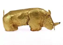 The Golden Rhinoceros of Mapungubwe; 1075–1220; discovered in 1932; Mapungubwe Collection (University of Pretoria Museums). This artifact is described as being "small enough to stand in the palm of your hand."