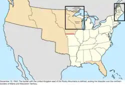 Map of the change to the United States in central North America on November 10, 1842