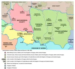 Banat, Bačka and Syrmia after 1881, the five counties, which were formed in the territory of the former Voivodeship of Serbia and Banat of Temeschwar