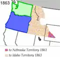 The State of Oregon (blue) and Washington Territory (green)—along with the latter's portions ceded to Nebraska Territory on March 2, 1861, and to Idaho Territory on March 3, 1863