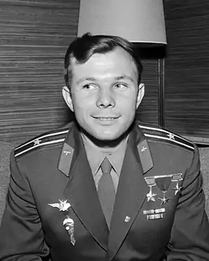 Image 4Yuri GagarinPhotograph credit: Arto Jousi; restored by Adam CuerdenYuri Gagarin (9 March 1934 – 27 March 1968) was a Soviet Air Forces pilot and cosmonaut who became the first human to journey into outer space; his capsule, Vostok 1, completed a single orbit of Earth on 12 April 1961. Gagarin became an international celebrity and was awarded many medals and titles, including Hero of the Soviet Union, his nation's highest honour. In 1967, he served as a member of the backup crew for the ill-fated Soyuz 1 mission, after which the Russian authorities, fearing for the safety of such an iconic figure, banned him from further spaceflights. However, he was killed the following year, when the MiG-15 training jet that he was piloting with his flight instructor Vladimir Seryogin crashed near the town of Kirzhach.This photograph of Gagarin, dated July 1961, was taken at a press conference during a visit to Finland approximately three months after his spaceflight.More selected pictures