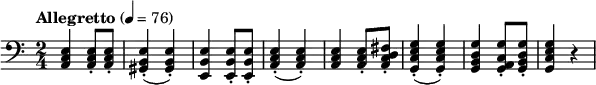 
\new Score {
  \new Staff {
    \relative c {
      \set Staff.midiInstrument = #"cello"
      \time 2/4
      \key a \minor
      \clef bass
      \tempo "Allegretto" 4 = 76
      <a c e>4 q8-. q-.
      <gis b e>4-.(q-.)
      <e b' e> q8-. q-.
      <a c e>4-.(q-.)
      <a c e>4 q8-. <a c d fis>-.
      <g c e g>4-.(q-.)
      <g b d g>4 <g a c g'>8-. <g b d g>-.  
      <g c e g>4 r4      
    }
  }
}
